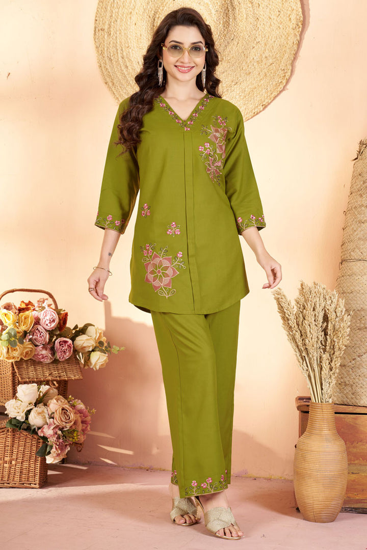 Rayon Fabric Green Color Festive Style Readymade Co-Ord Set