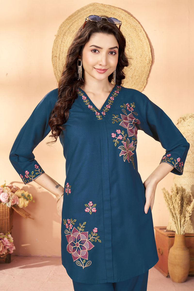 Festive Wear Blue Color Rayon Fabric Readymade Co-Ord Set