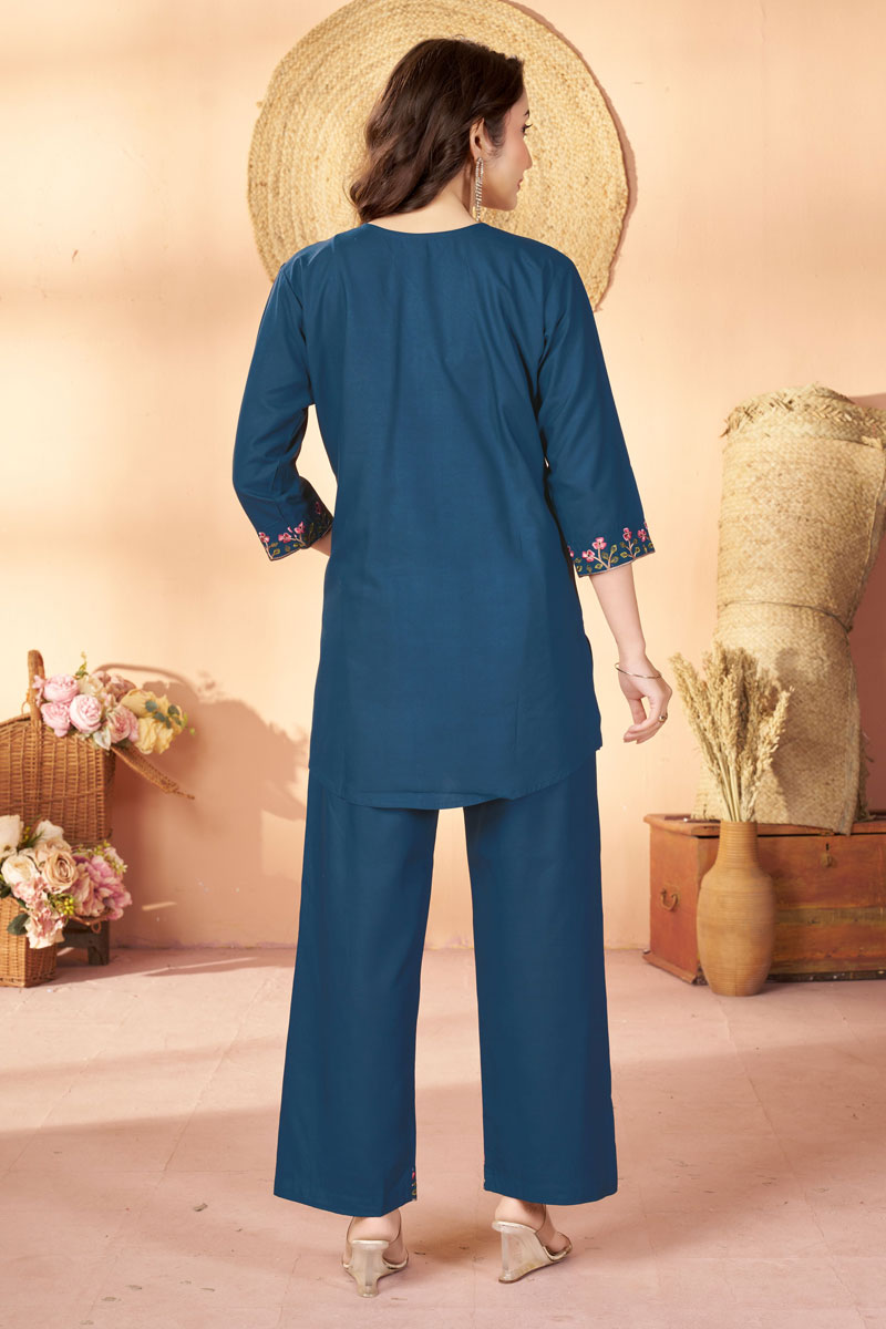 Festive Wear Blue Color Rayon Fabric Readymade Co-Ord Set