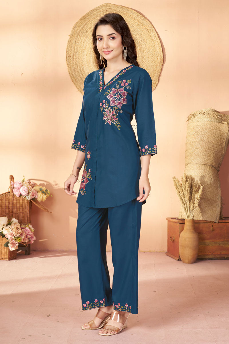 Festive Wear Blue Color Rayon Fabric Readymade Co-Ord Set