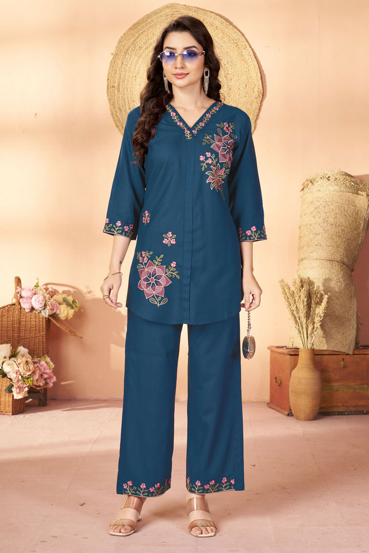Festive Wear Blue Color Rayon Fabric Readymade Co-Ord Set