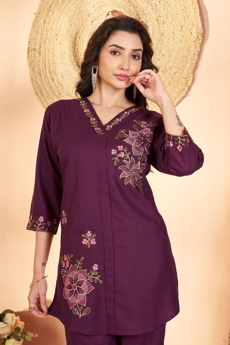 Wine Color Rayon Fabric Readymade Co-Ord Set For Festival | Buy Online India