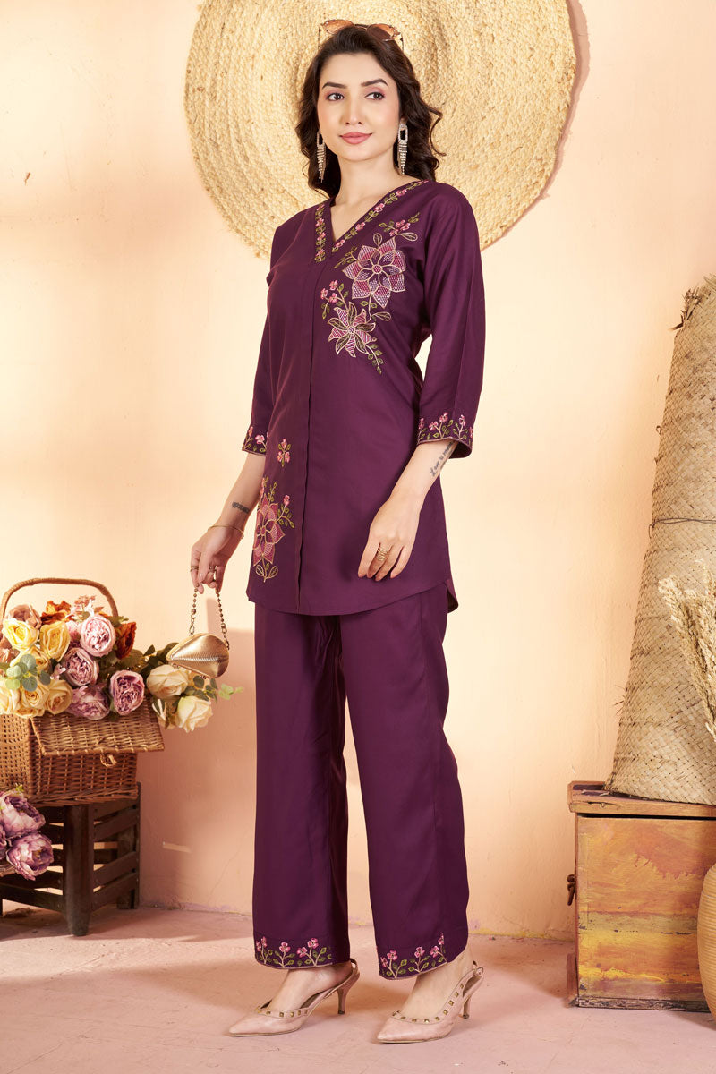 Wine Color Rayon Fabric Readymade Co-Ord Set For Festival | Buy Online India