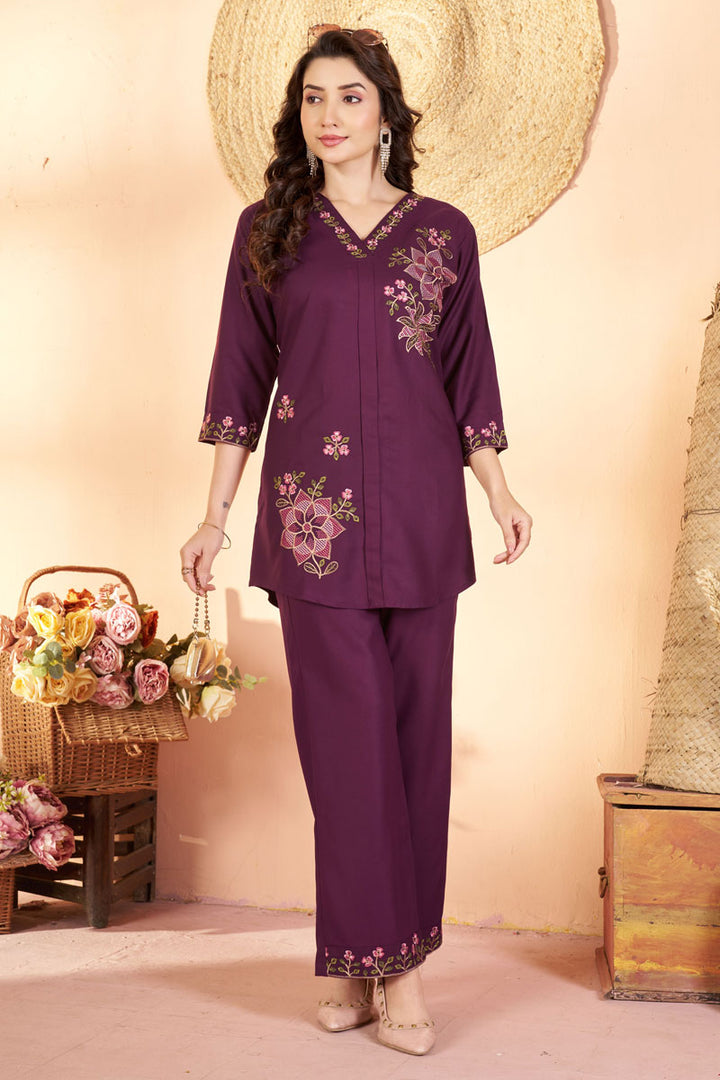 Wine Color Rayon Fabric Readymade Co-Ord Set For Festival | Buy Online India
