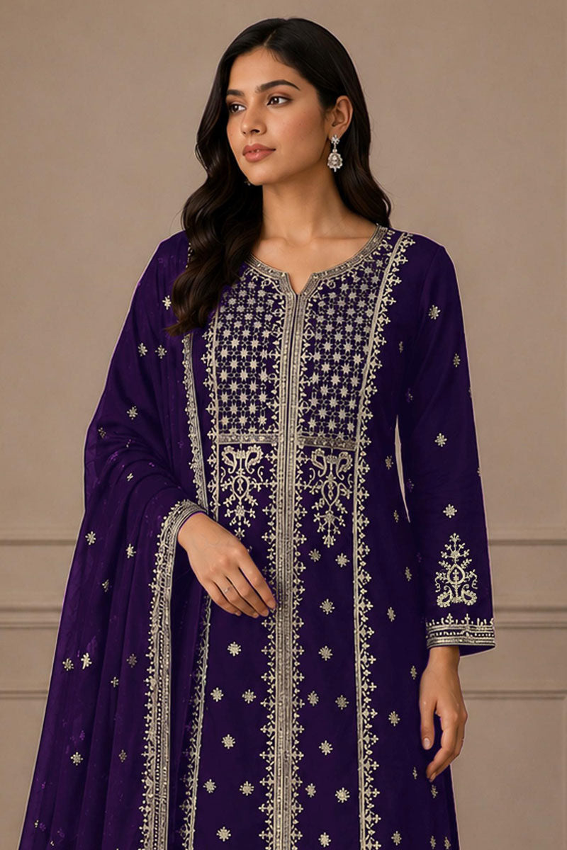 Heavy Chinon Fabric Festive Style Purple Palazzo Suit | Buy Online India
