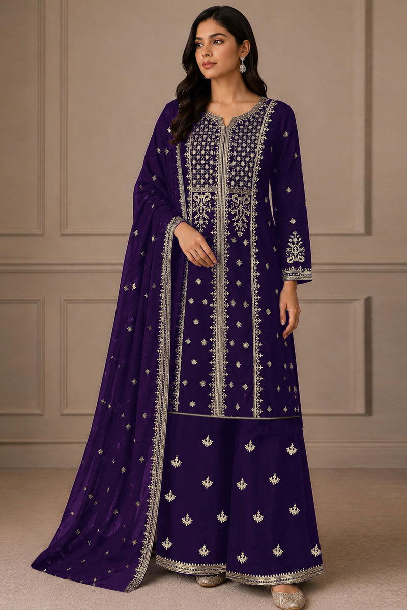 Heavy Chinon Fabric Festive Style Purple Palazzo Suit | Buy Online India