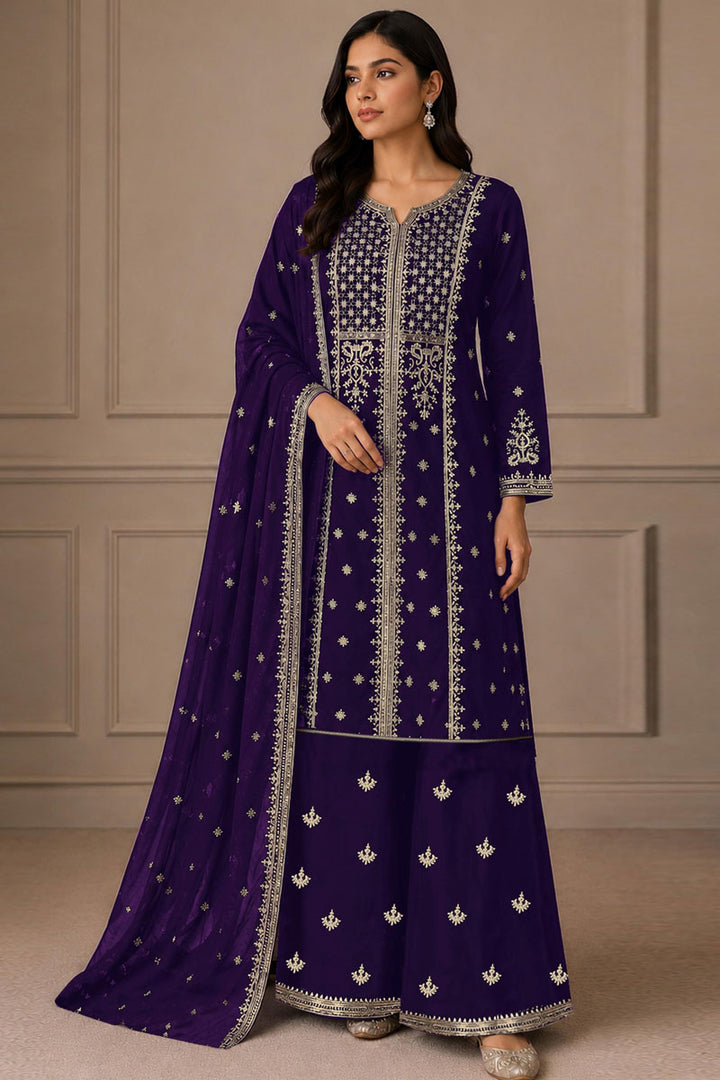Heavy Chinon Fabric Festive Style Purple Palazzo Suit | Buy Online India