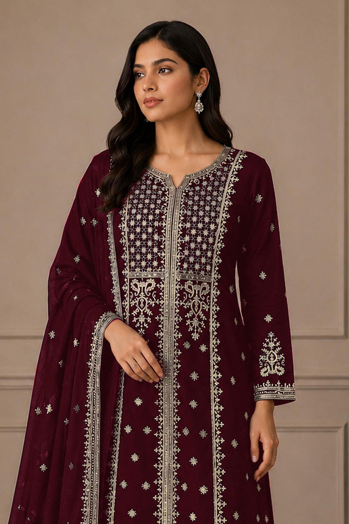 Trendy Chinon Fabric Wine Color Palazzo Suit For Festive | Buy Online India
