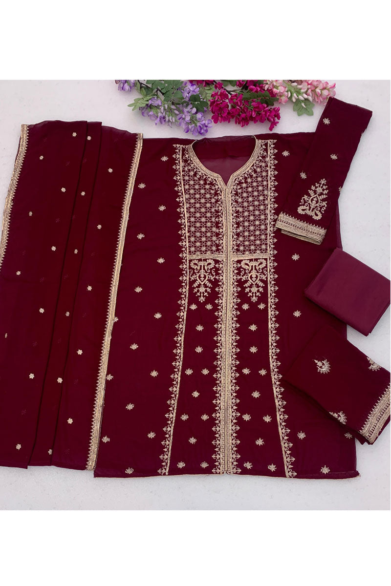 Trendy Chinon Fabric Wine Color Palazzo Suit For Festive | Buy Online India