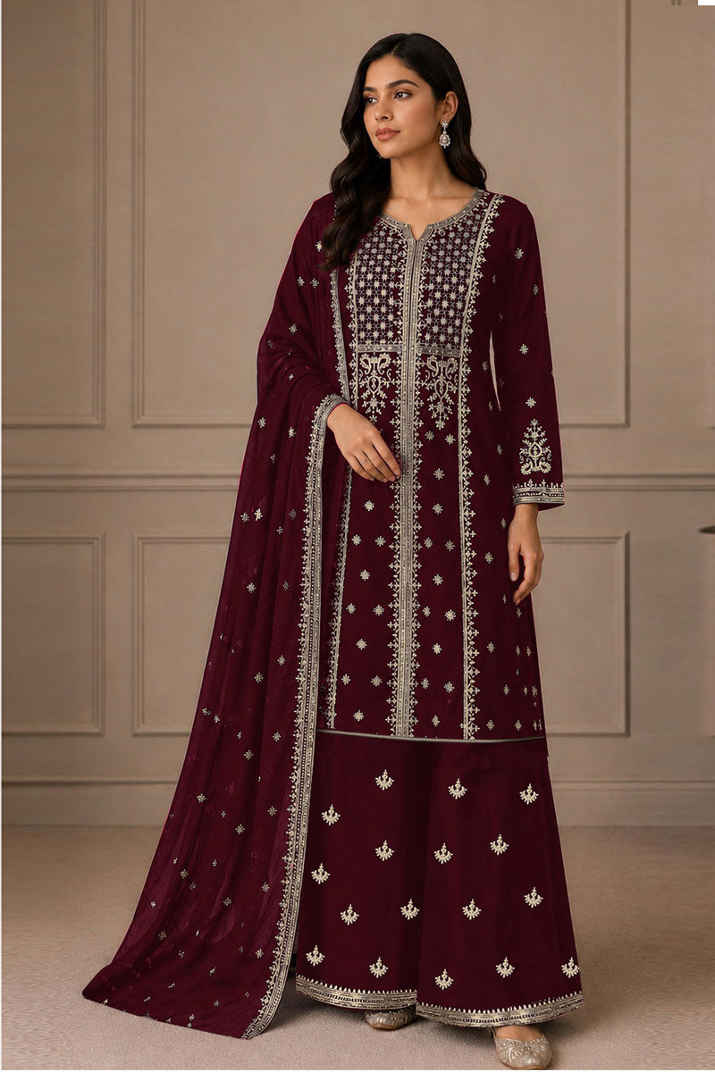 Trendy Chinon Fabric Wine Color Palazzo Suit For Festive | Buy Online India
