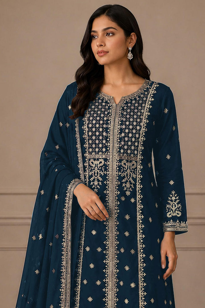 Attrective Chinon Fabric Teal Color Festive Style Palazzo Suit | Buy Online India