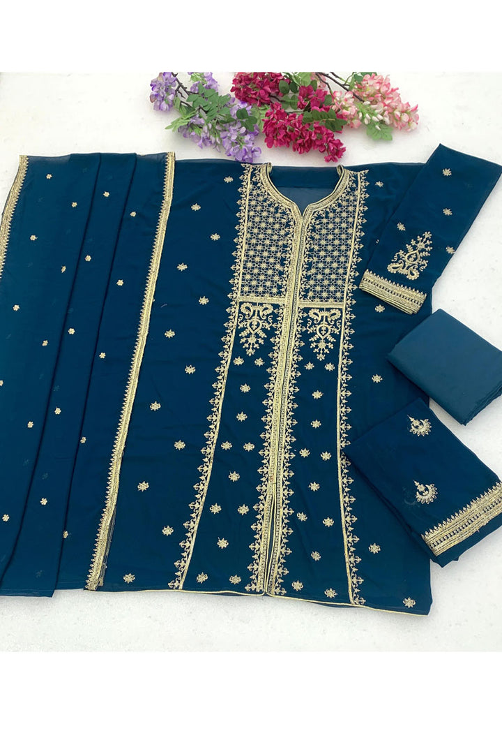 Attrective Chinon Fabric Teal Color Festive Style Palazzo Suit | Buy Online India