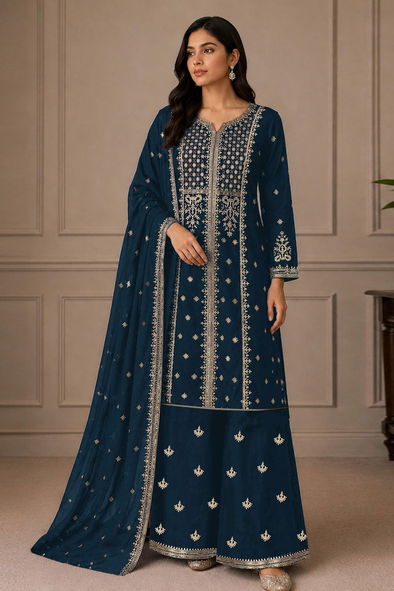 Attrective Chinon Fabric Teal Color Festive Style Palazzo Suit | Buy Online India