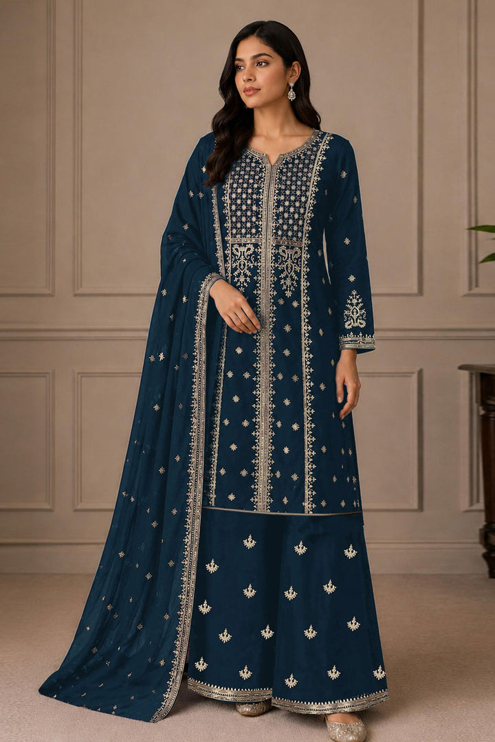 Attrective Chinon Fabric Teal Color Festive Style Palazzo Suit | Buy Online India