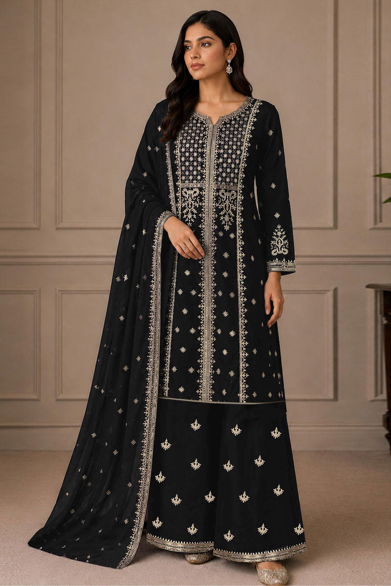 Amazing Chinon Fabric Festive Style Black Palazzo Suit | Buy Online India