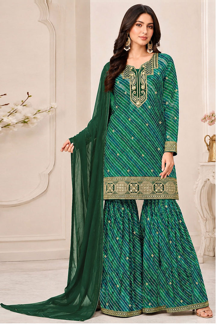 Festive Style Georgette Fabric Green Sharara Suit | Buy Online India