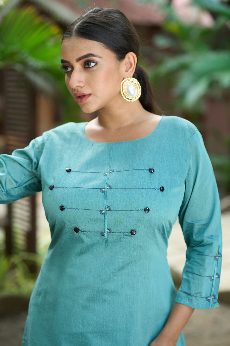 Cyan Color Readymade Roma Silk Casual Top With Bottom | Buy Online India