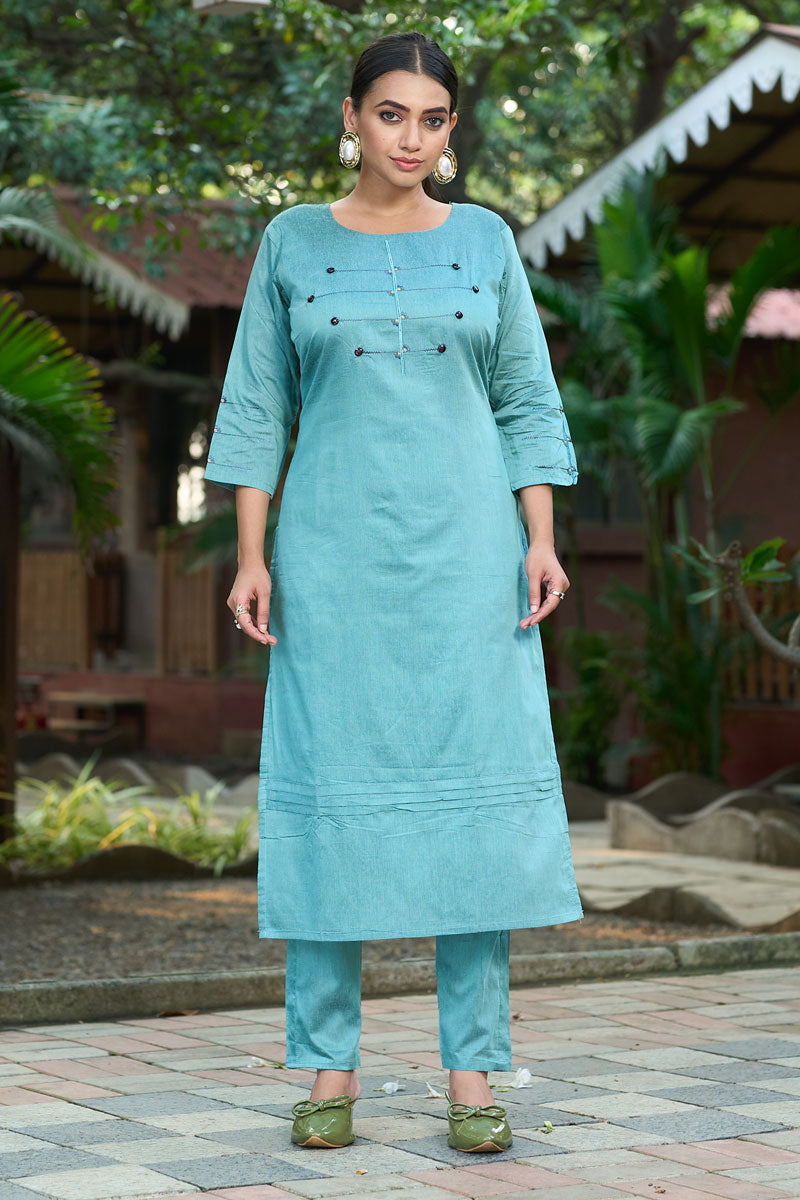 Cyan Color Readymade Roma Silk Casual Top With Bottom | Buy Online India