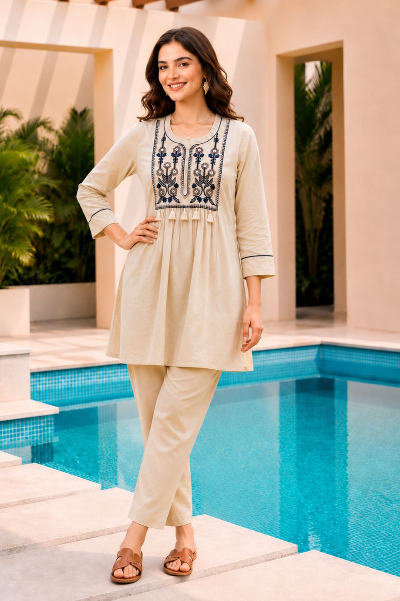 Heavy Cotton Fabric Beige Color Readymade Co-ord Set | Buy Online India