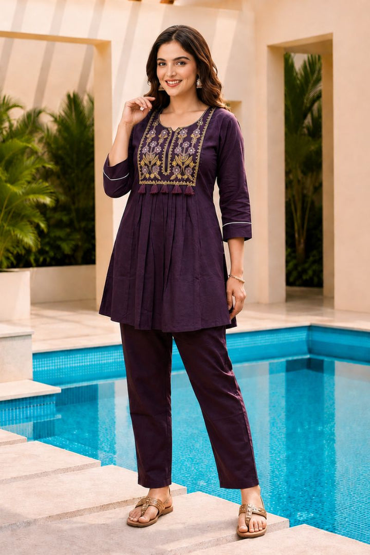 Trendy Cotton Fabric Wine Color Readymade Co-ord Set | Buy Online India