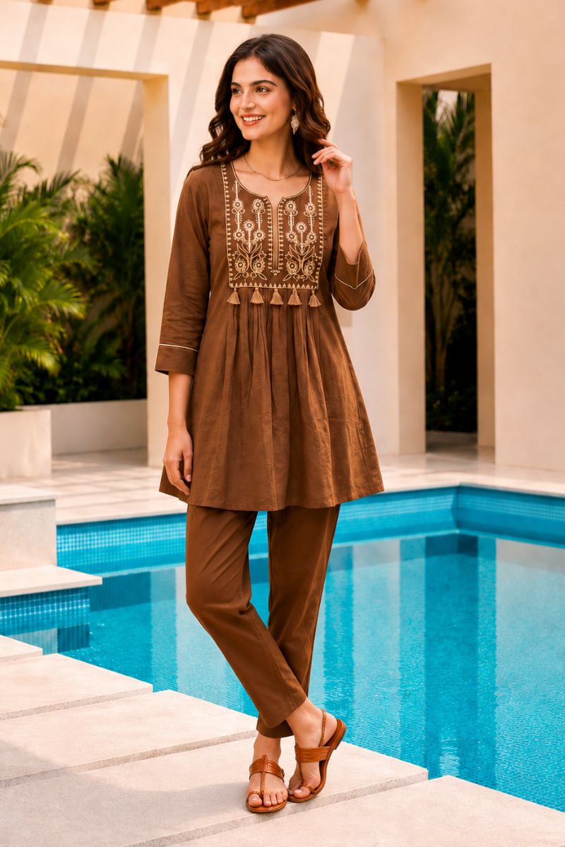 Sober Brown Color Readymade Co-ord Set In Cotton Fabric | Buy Online India