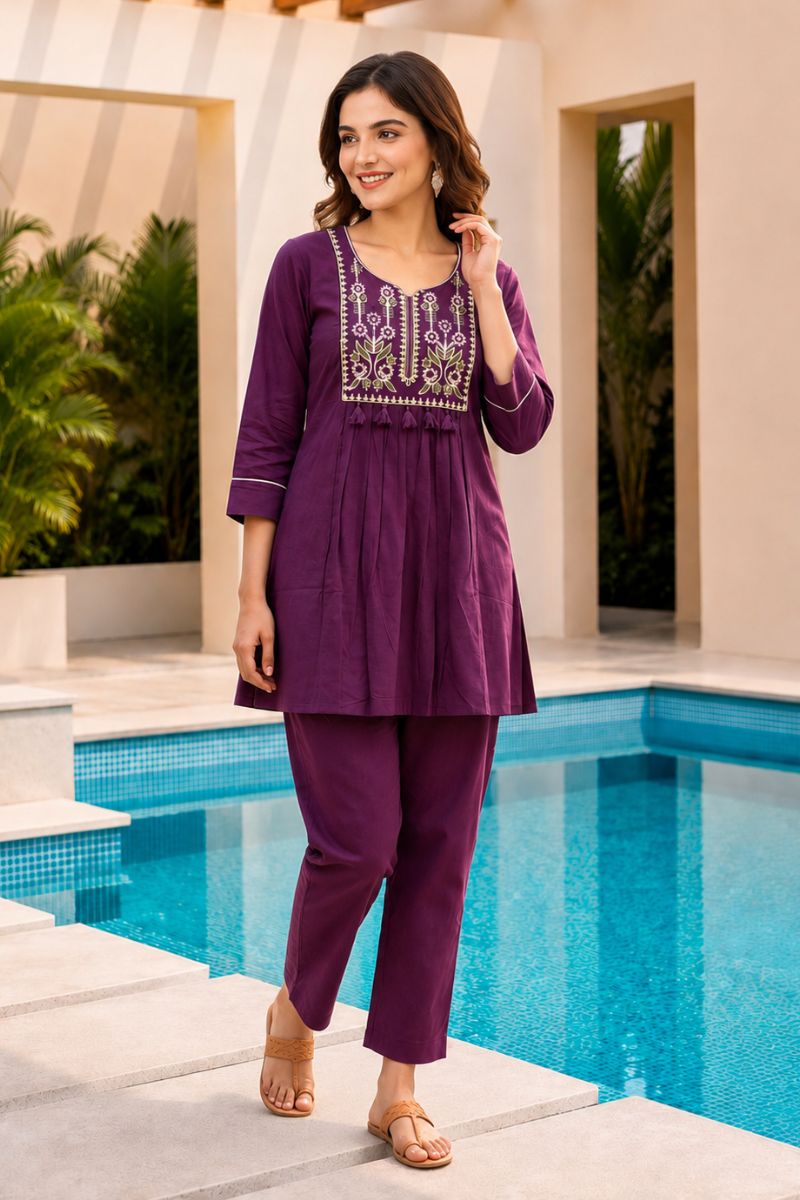 Attrective Cotton Fabric Purple Color Readymade Co-ord Set | Buy Online India