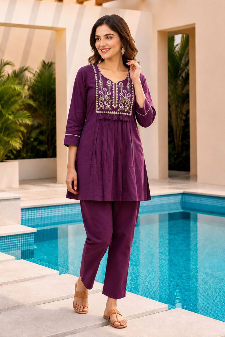Attrective Cotton Fabric Purple Color Readymade Co-ord Set | Buy Online India