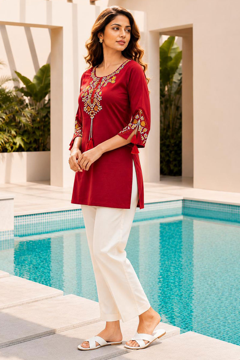Maroon Rayon Coveted Readymade Tunic Kurti | Buy Online India
