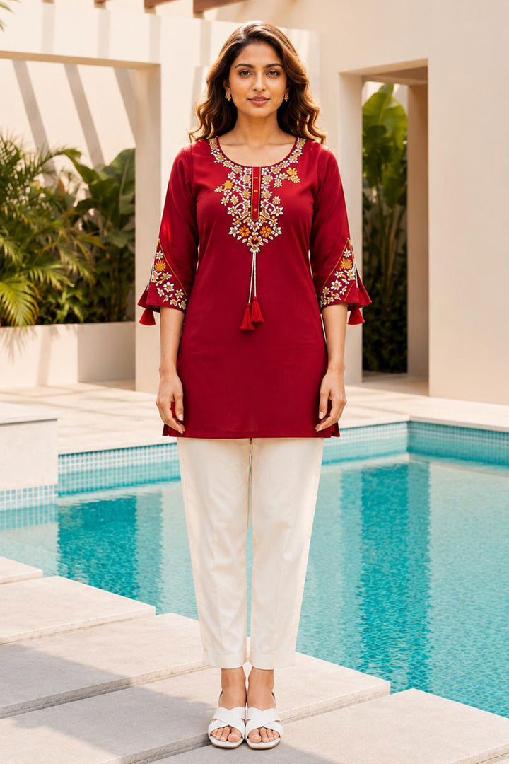 Maroon Rayon Coveted Readymade Tunic Kurti | Buy Online India
