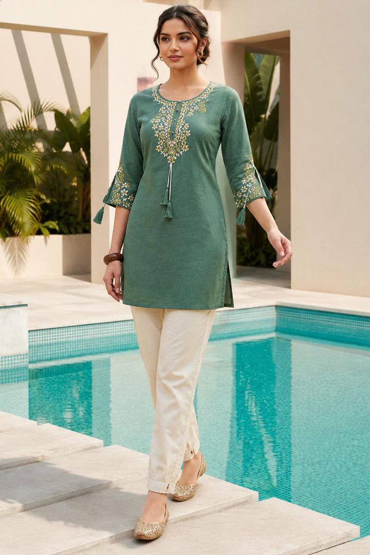 Green Color Excellent Readymade Rayon Tunic Kurti | Buy Online India