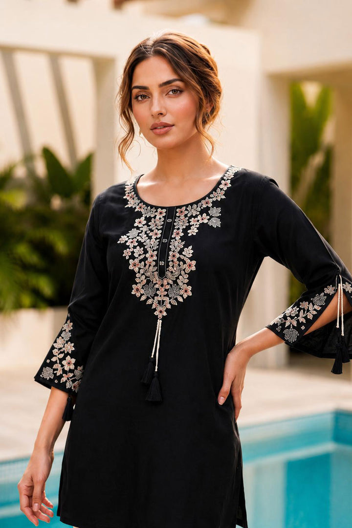 Black Color Rayon Engaging Readymade Tunic Kurti | Buy Online India