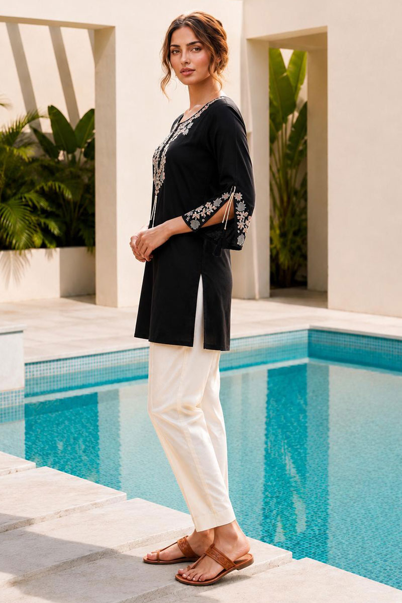 Black Color Rayon Engaging Readymade Tunic Kurti | Buy Online India
