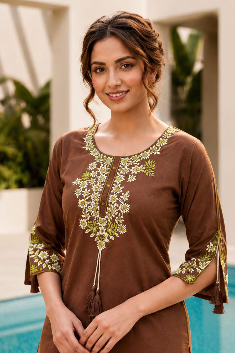 Brown Color Sober Readymade Rayon Tunic Kurti | Buy Online India