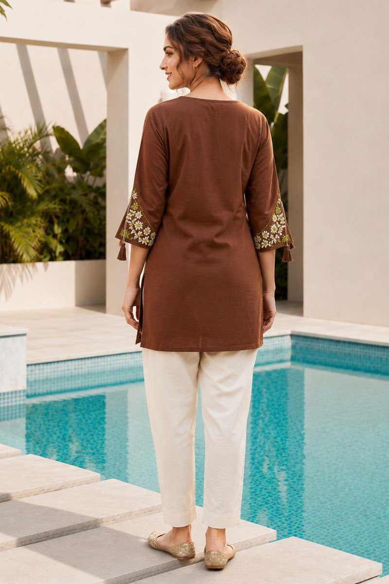 Brown Color Sober Readymade Rayon Tunic Kurti | Buy Online India