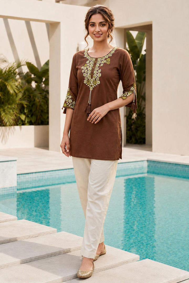 Brown Color Sober Readymade Rayon Tunic Kurti | Buy Online India