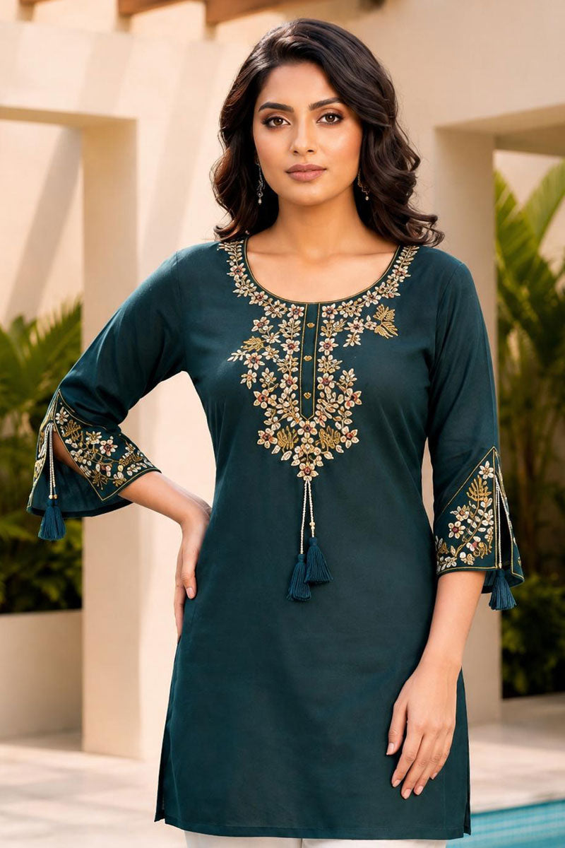 Teal Color Rayon Stunning Readymade Tunic Kurti | Buy Online India