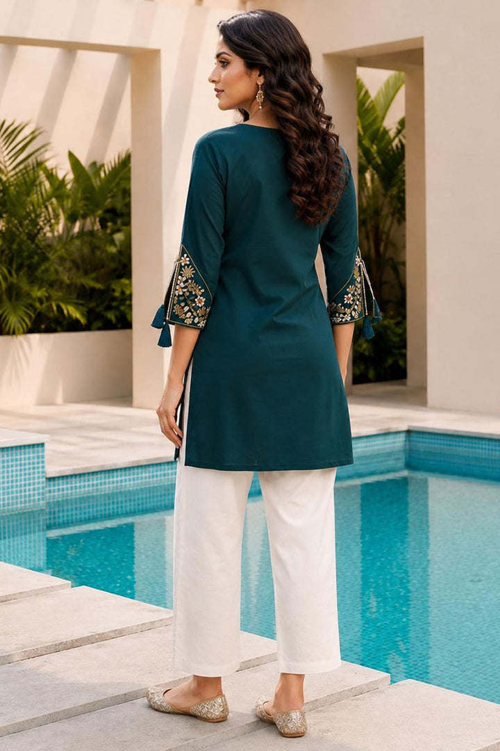Teal Color Rayon Stunning Readymade Tunic Kurti | Buy Online India