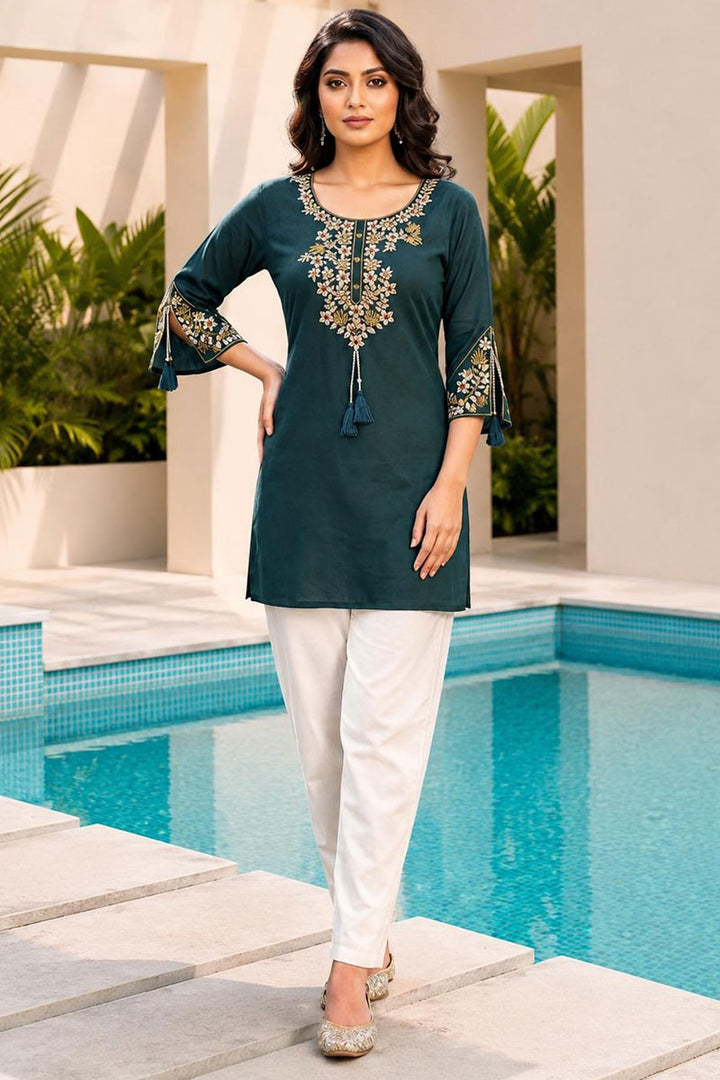 Teal Color Rayon Stunning Readymade Tunic Kurti | Buy Online India