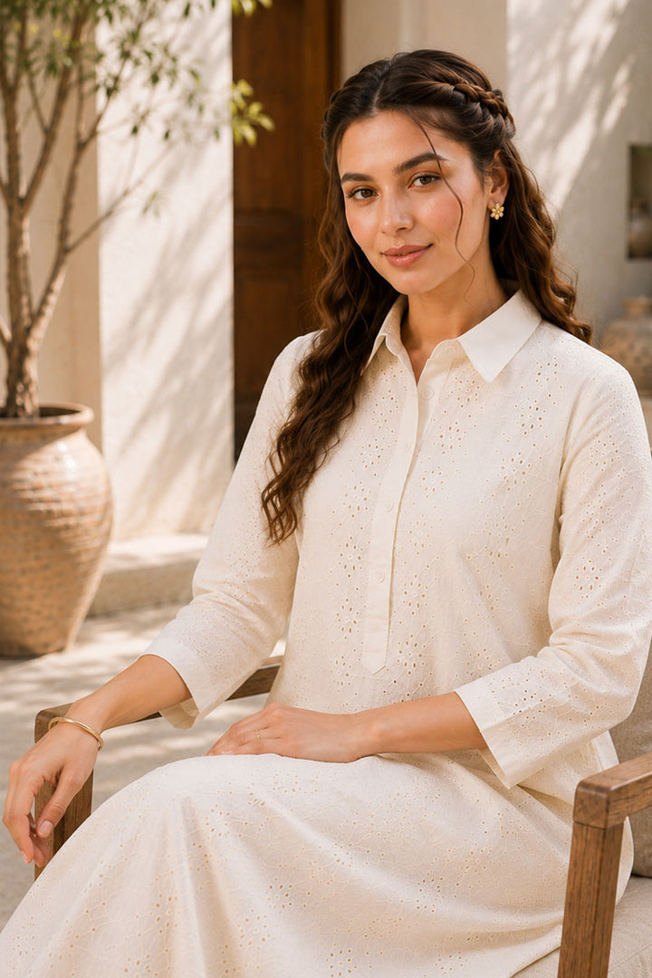 Tempting Off White Color Readymade Cotton Kurti With Bottom | Buy Online India