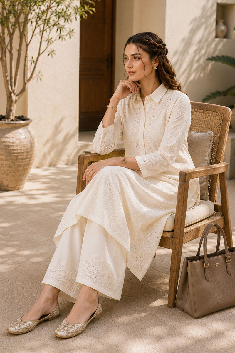 Tempting Off White Color Readymade Cotton Kurti With Bottom | Buy Online India