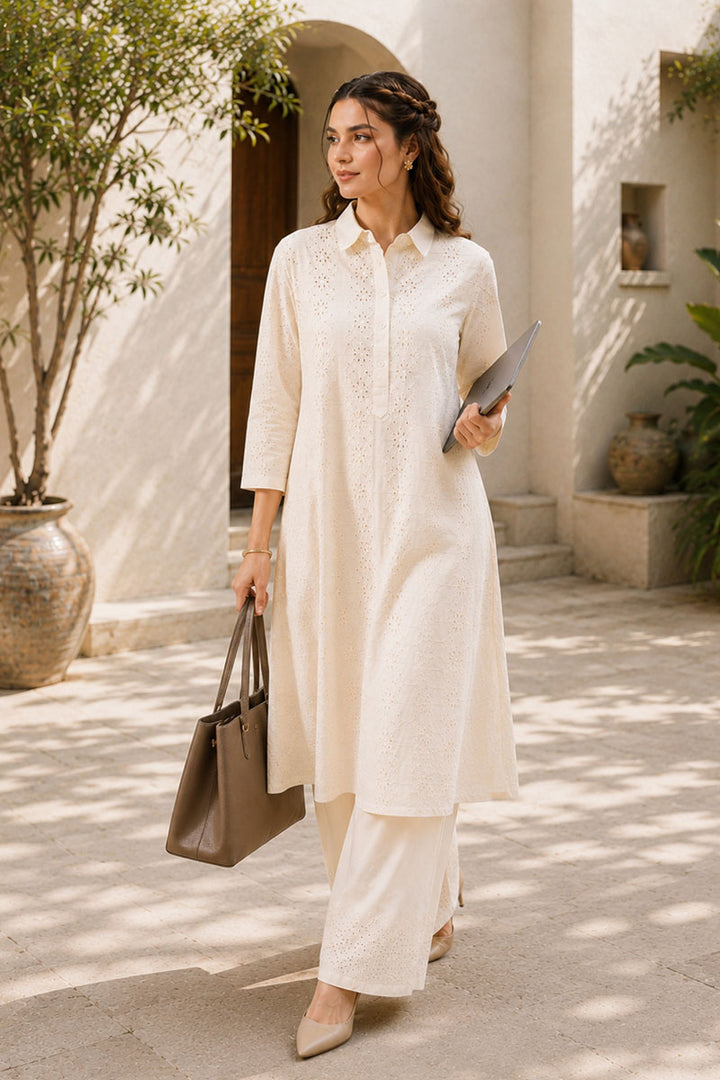 Tempting Off White Color Readymade Cotton Kurti With Bottom | Buy Online India