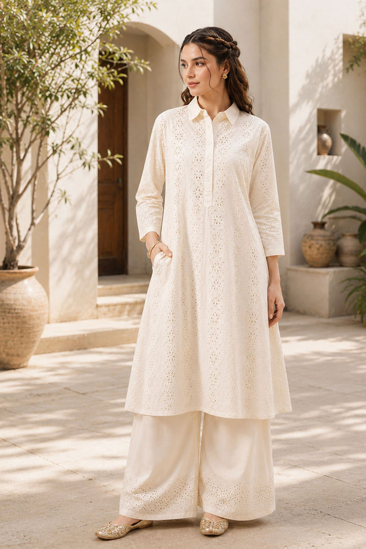 Tempting Off White Color Readymade Cotton Kurti With Bottom | Buy Online India