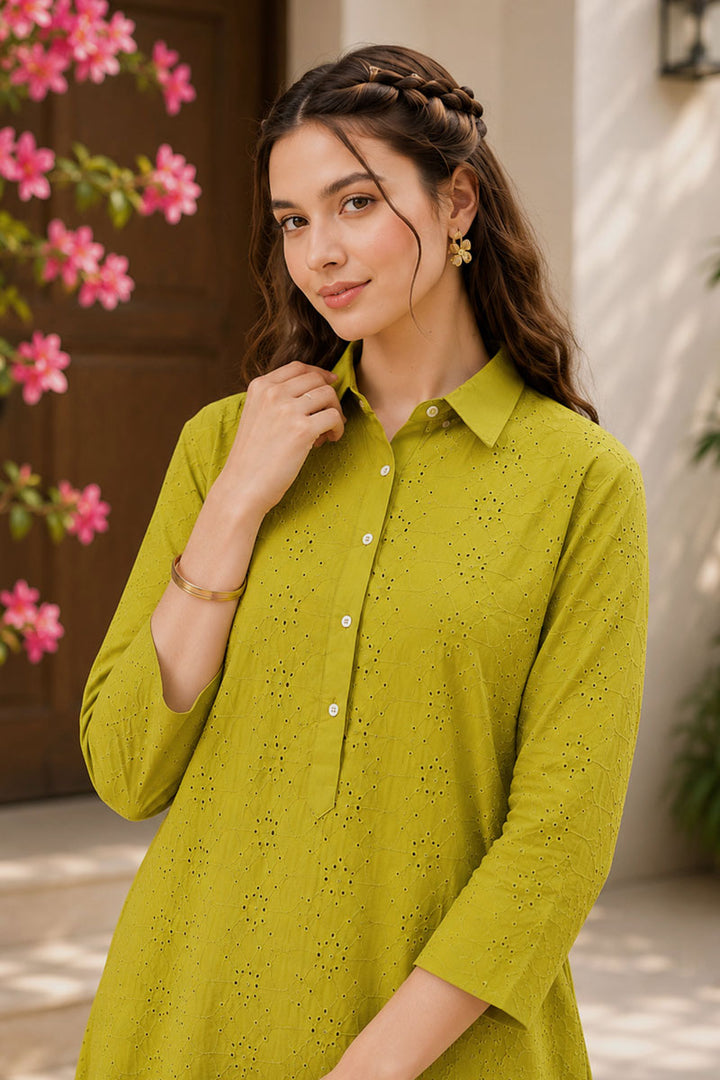 Green Color Delicate Cotton Readymade Kurti With Bottom | Buy Online India