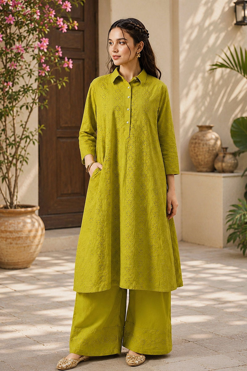 Green Color Delicate Cotton Readymade Kurti With Bottom | Buy Online India