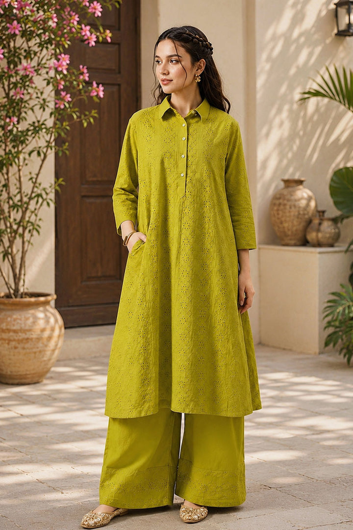 Green Color Delicate Cotton Readymade Kurti With Bottom | Buy Online India