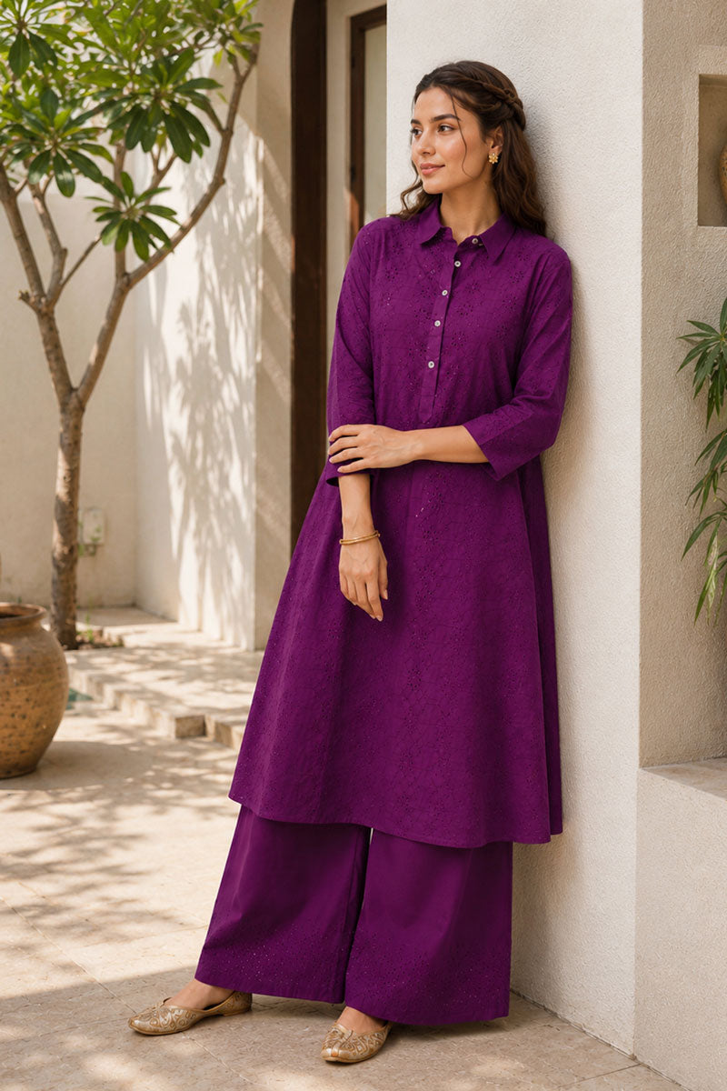 Engaging Purple Color Cotton Readymade Kurti With Bottom | Buy Online India