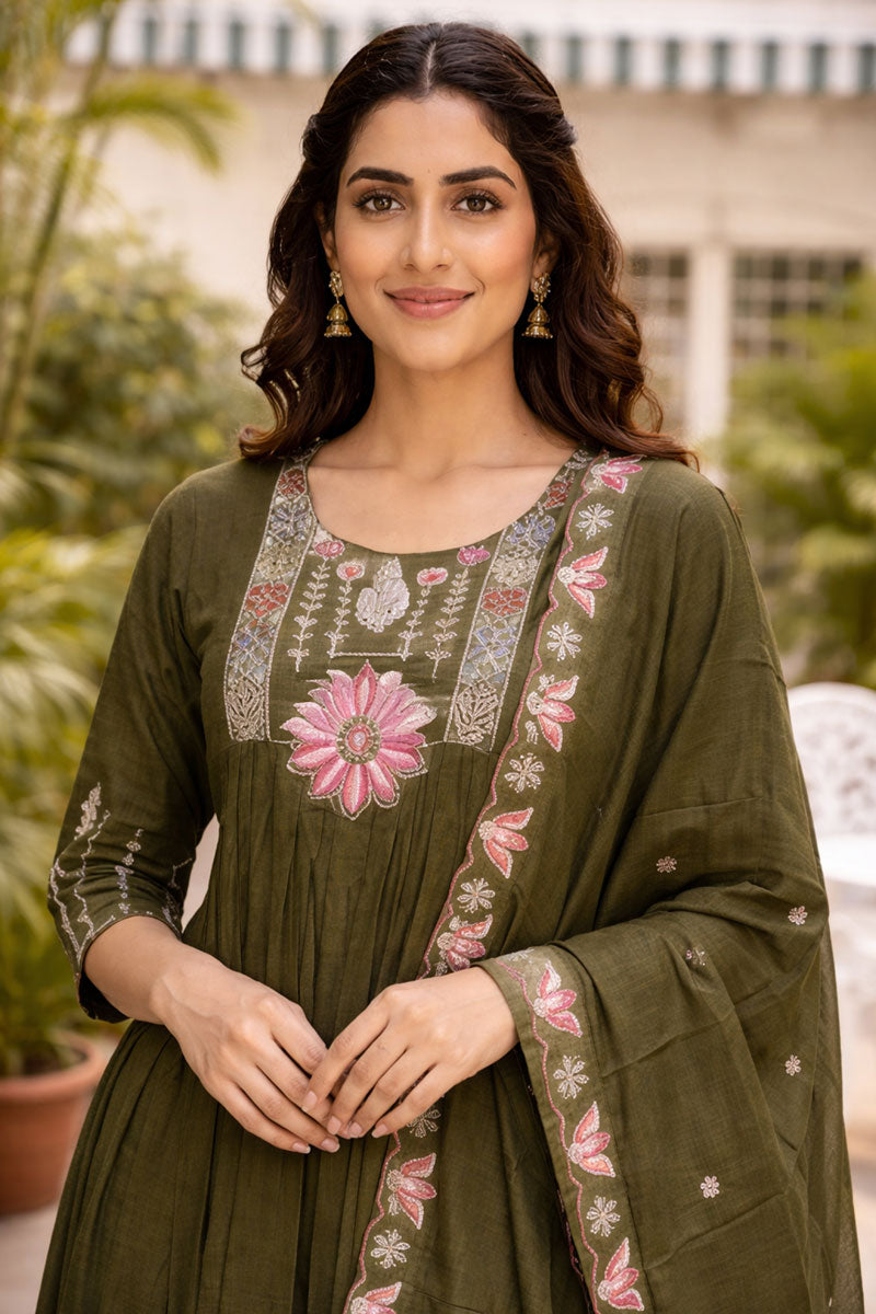 Olive Color Sober Readymade Art Silk Anarkali Style Suit | Buy Online India