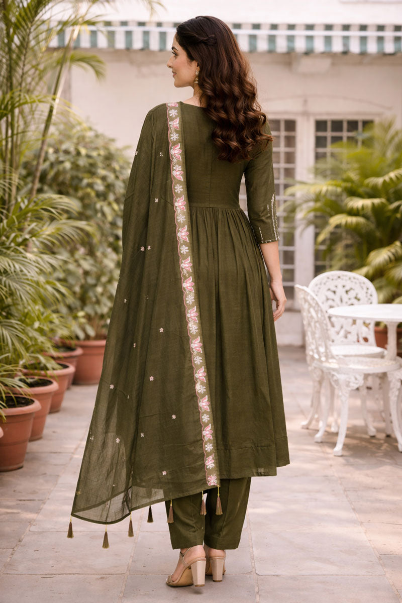 Olive Color Sober Readymade Art Silk Anarkali Style Suit | Buy Online India
