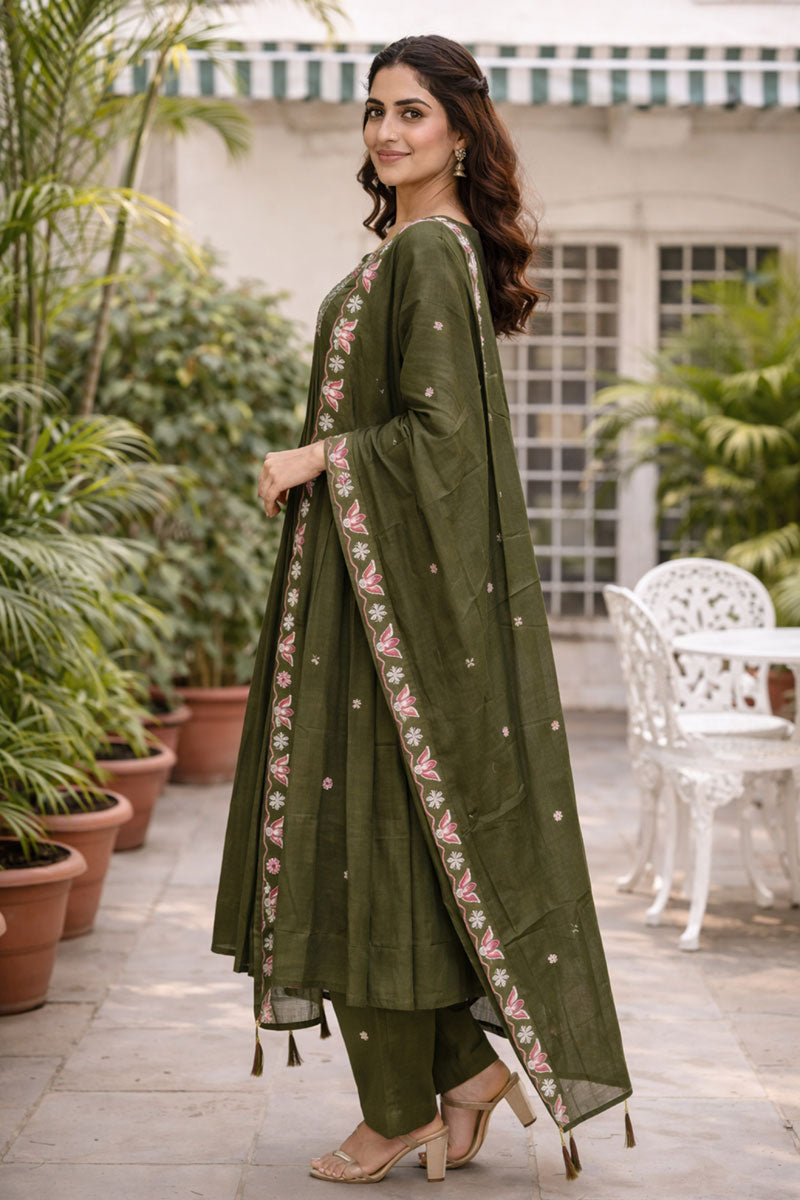 Olive Color Sober Readymade Art Silk Anarkali Style Suit | Buy Online India
