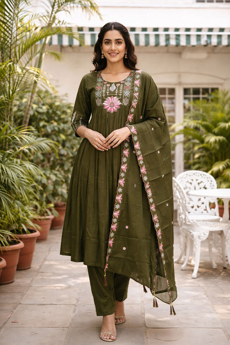 Olive Color Sober Readymade Art Silk Anarkali Style Suit | Buy Online India